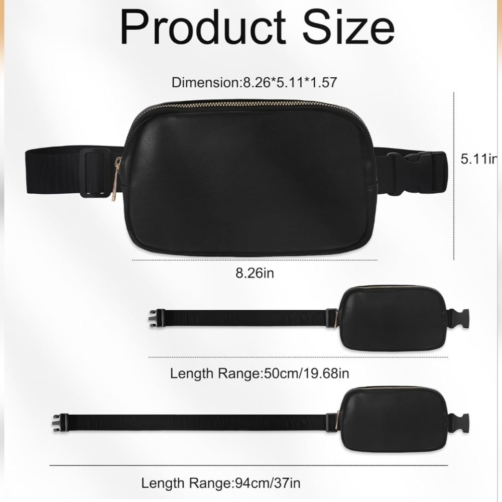 Black Faux Leather Belt Bag Adjustable Crossbody Fanny Pack Waist Bag‎ Travel - Picture 4 of 5